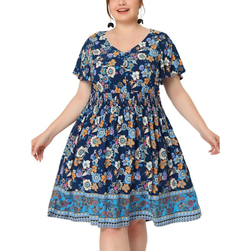 Plus Size Midi Dress Placed Pattern Bohemian Smock Waist V Neck Summer Dark Blue